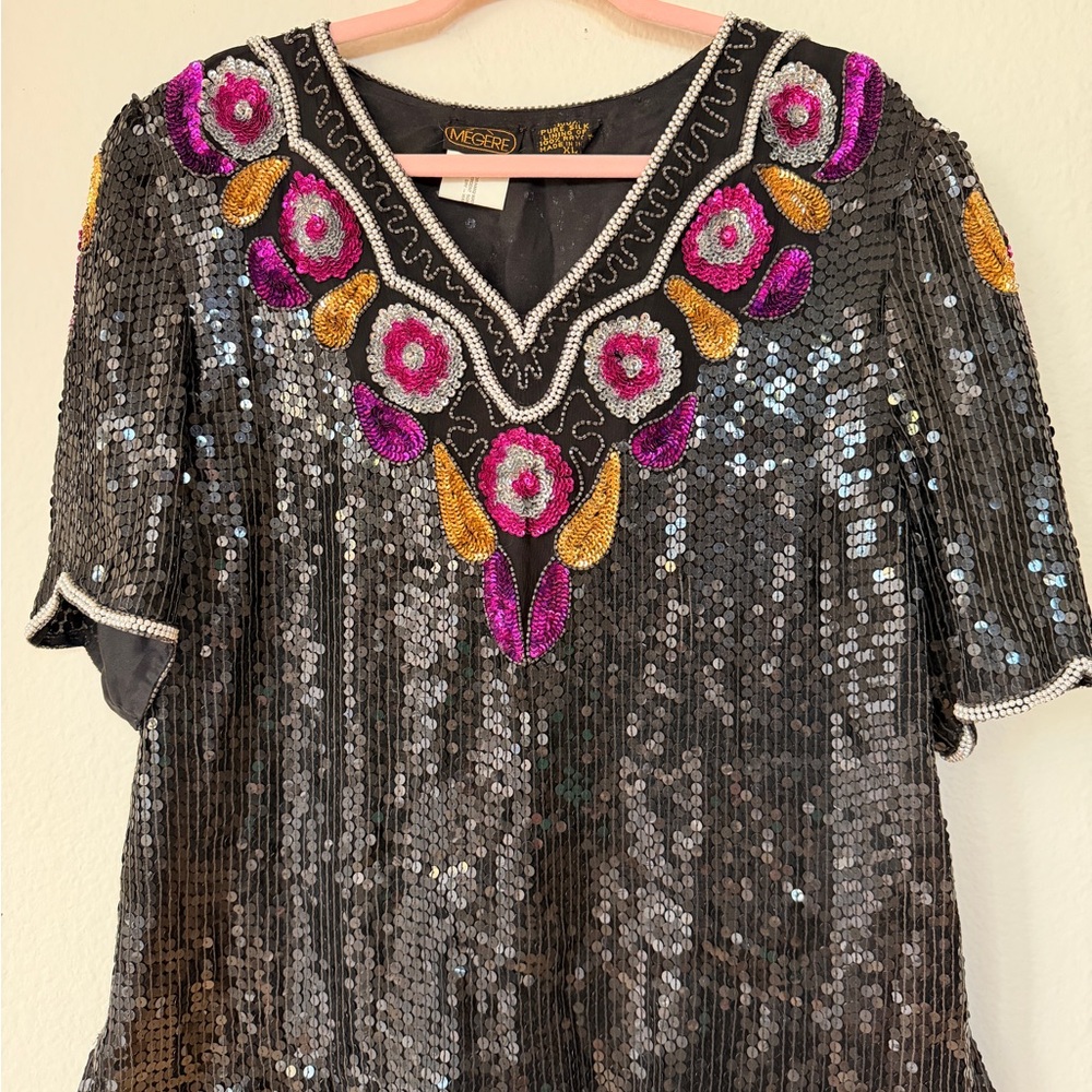 Vintage MEGERE Silk‎ Sequin Embellished Top XL Black Floral Beaded Disco Glam